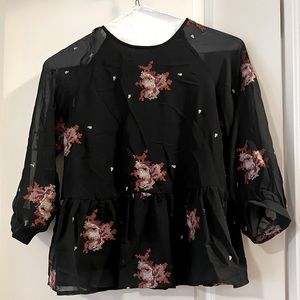 Black with pink embroidered detail long sleeve top. Size XS